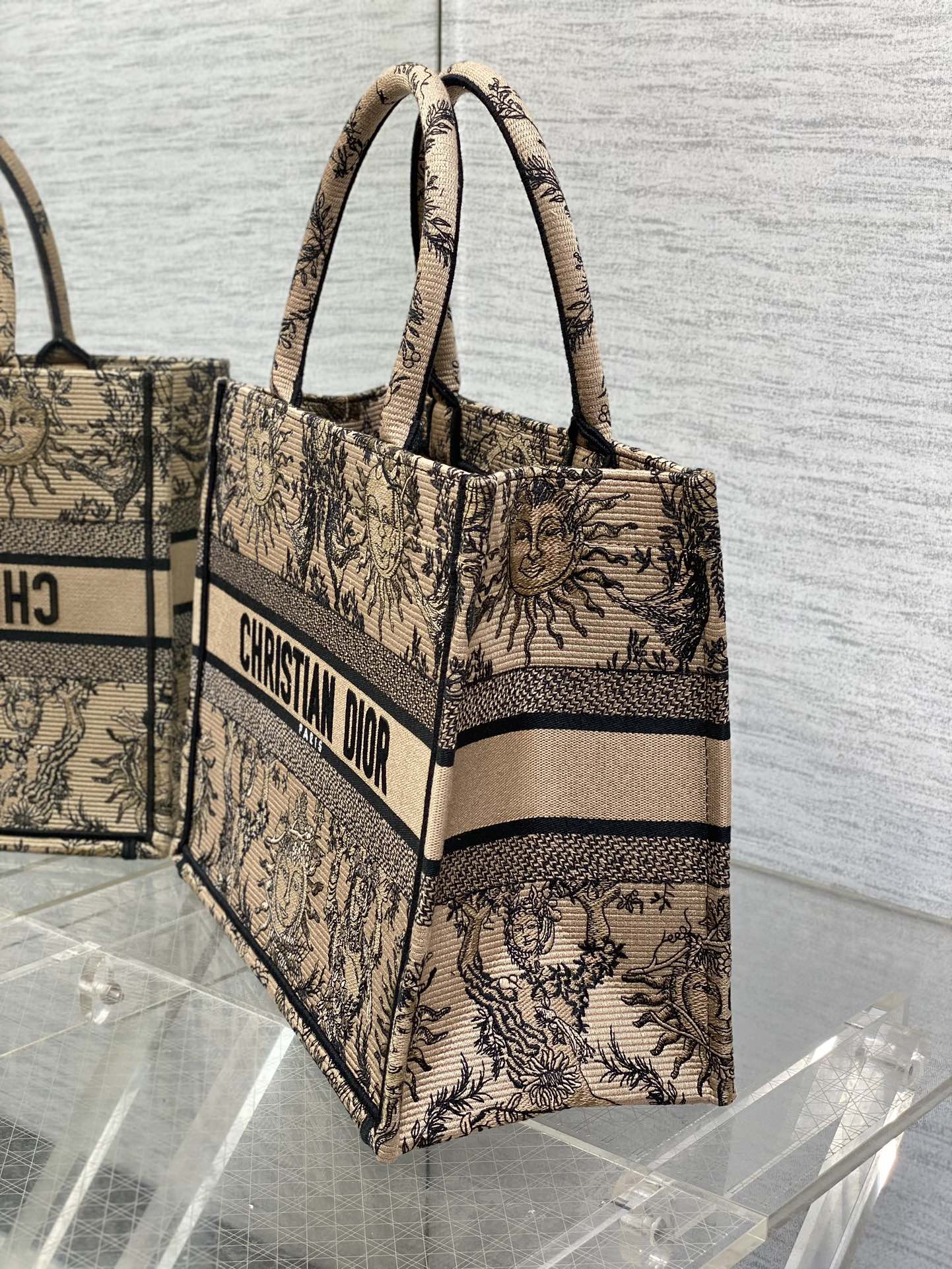 Medium Dior Book Tote Bag Beige and Black Toile de Jouy Soleil Embroidery